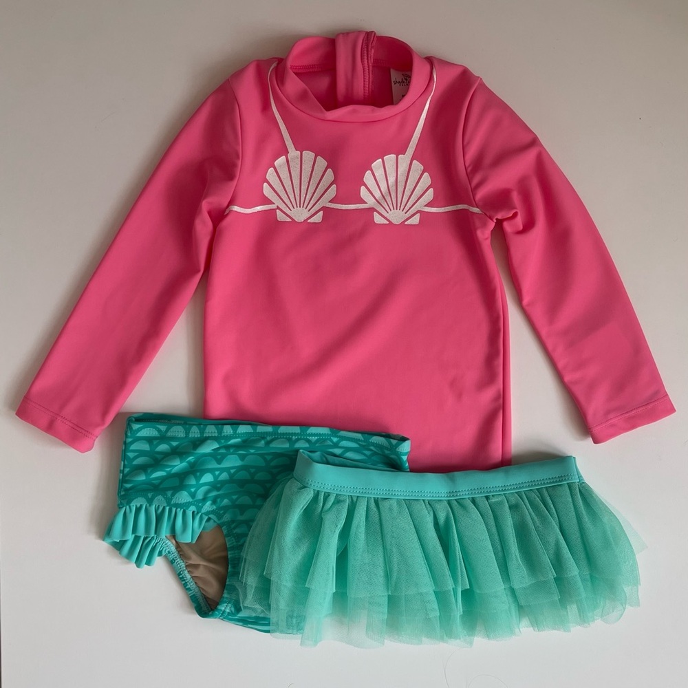 Shade Critters Girl’s Three Pieces - Rashguard Mermaid Set with Tutu - 2T